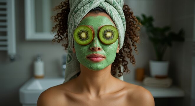 Young woman with green clay face mask and fresh kiwi slices over eyes in bathroom