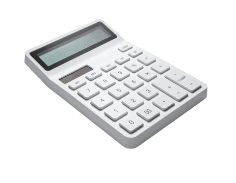 A white calculator angled on a plain background