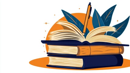 Stack of Books with an Open Book a Pencil and Blue Leaves Graphic Vector Illustration