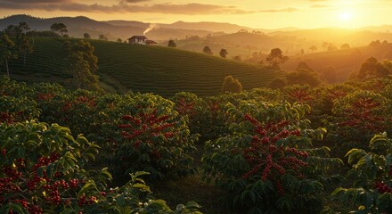 Golden sunrise over lush coffee plantation with ripe red berries and distant farm
