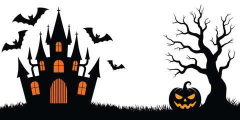 Haunted castle with glowing windows, bats, twisted tree, and sinister jack-o'-lantern in silhouette, perfect for spooky Halloween designs