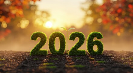 Green moss numbers forming the year 2026 with a growing plant sprout in fertile soil at sunrise