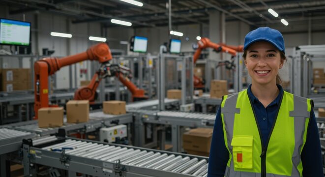 Smiling female worker in safety vest at automated logistics center with robotic arms