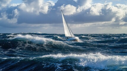 Sailboat Braving Rough Seas Under Dramatic Cloudy Sky