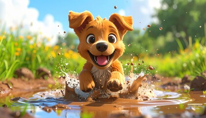 A joyful cartoon puppy splashes and plays in a muddy puddle outdoors on a sunny day.