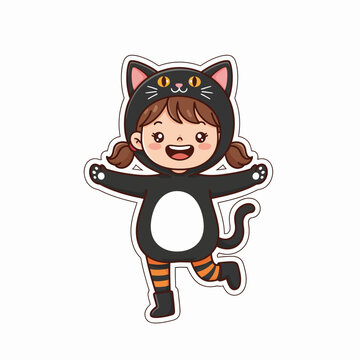 Cute cartoon girl in a black cat costume, joyfully posing.