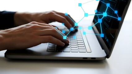 Hands typing on a laptop with a digital network overlay