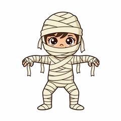 Naklejka premium Adorable cartoon child dressed in a mummy costume for Halloween.