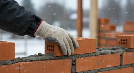 Bricklayer gloved hand carefully laying red brick on a wall during snowy winter construction
