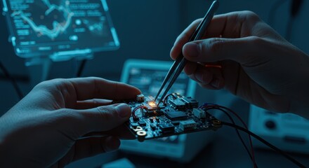 Close up of hands using tweezers to assemble miniature drone circuit board in a tech lab