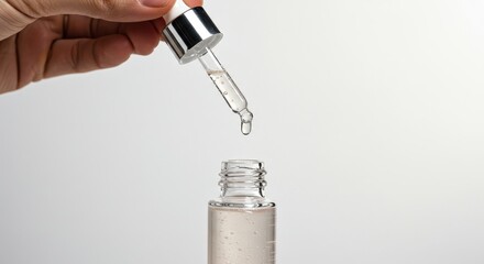 Close up of a hand dropping clear liquid serum from a pipette into a glass cosmetic bottle