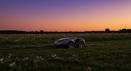 Fototapeta premium Automated robotic lawnmower cutting a lush green field under a vibrant sunset sky