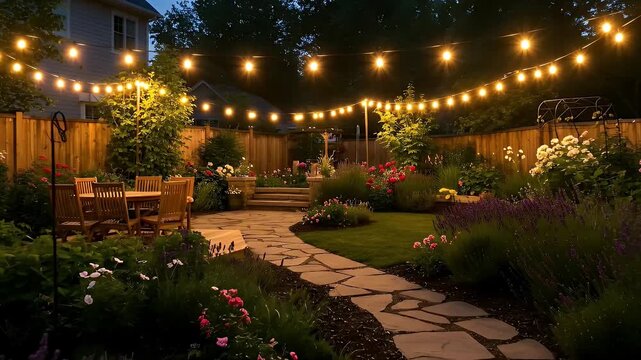 A beautiful backyard garden oasis at dusk, illuminated by warm string lights over a stone path and patio.