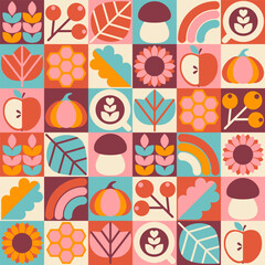 Abstract natural geometric background. Autumn theme, plants, leaves, sunflower, rainbow, coffee, mushroom, pumpkin, apple and berries. Seamless pattern. Vector illustration. 