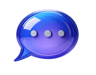 3D glossy speech bubble, vibrant purple-blue, with three light gray dots