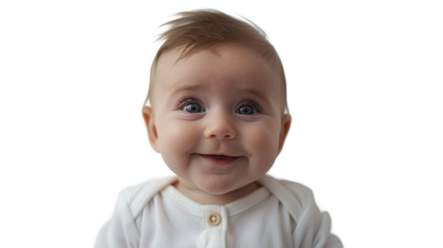 Close-up studio portrait of a happy baby with big eyes and a wide smile