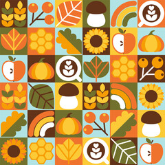 Abstract natural geometric background. Autumn theme, plants, leaves, sunflower, rainbow, coffee, mushroom, pumpkin, apple and berries. Seamless pattern. Vector illustration. 