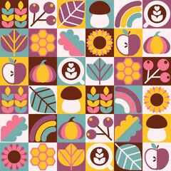 Abstract natural geometric background. Autumn theme, plants, leaves, sunflower, rainbow, coffee, mushroom, pumpkin, apple and berries. Seamless pattern. Vector illustration. 