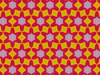 Abstract geometric pattern with star and diamond shapes in red, yellow, and gray.