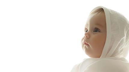 Profile of an innocent baby in a white bonnet looking up with curiosity