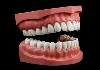 Obraz premium Anatomical model displaying a set of teeth with gums on a black background in a studio shot
