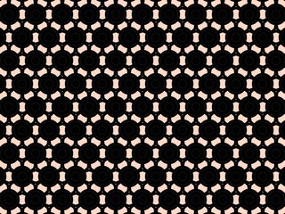 A geometric pattern of black circles on a beige background.