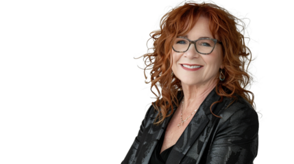 Confident mature businesswoman with red hair and glasses smiling