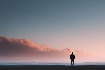 Fototapeta premium Silhouette of a solitary person standing on a beach, facing a stunning sunset sky. The image evokes feelings of contemplation, peace, and reflection.