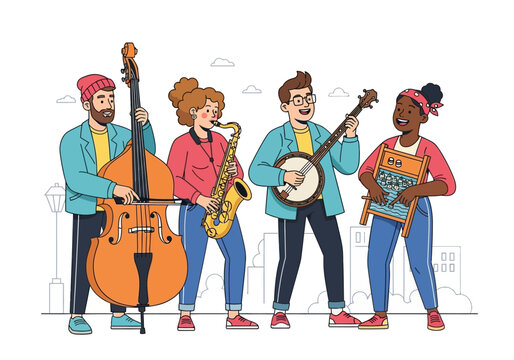 Four musicians play unique instruments in a lively performance. Great for music events, posters, album covers, or vintagethemed designs. - Powered by Adobe