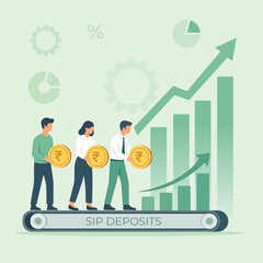 Rupee coins on a conveyor belt feeding into a rising bar graph with upward arrow