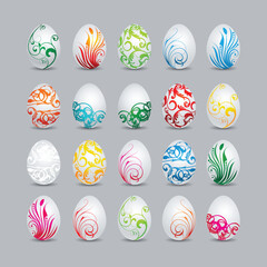 Set of Vector Ornate Easter Eggs with Colorful Floral Swirl Patterns, Decorative Abstract Designs, and Spring Holiday Decoration on Grey Background