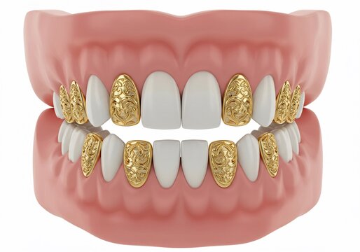 A dental model with white teeth and gold grills featuring intricate floral designs on a white background
