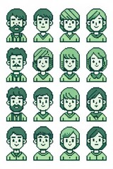 Retro Pixel Art Icons Featuring Human Faces in Green Tones