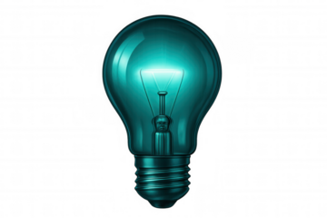 Turquoise light bulb glowing on a transparent background, representing ideas, innovation, and solutions