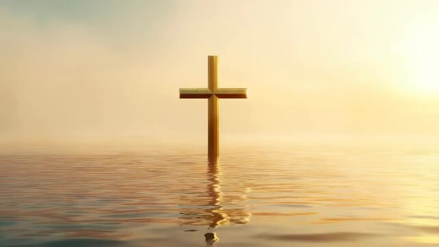 Golden Cross Symbol Reflecting on Water at Sunset - Faith and Spirituality
