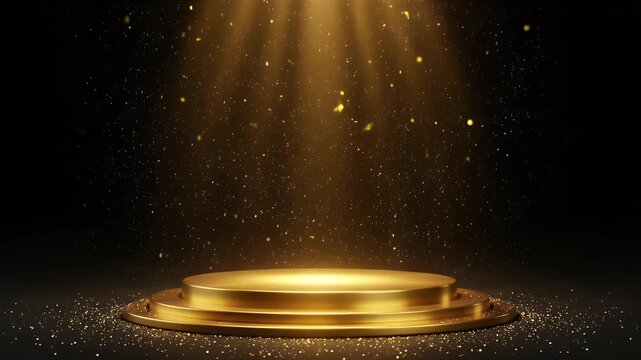 Golden podium with falling glitter and spotlights on a black background for an awards ceremony or product display.