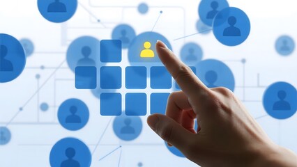 Hand pointing at a highlighted user icon within a network of connected profiles.