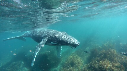Naklejka premium A whale gracefully swims through vibrant underwater scenery.
