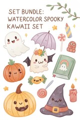 Fototapeta premium Hand Painted Halloween Icon Watercolor Kawaii Ghost and Pumpkin Art