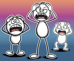 A cartoon stick figures illustration posed dramatically with hands on its head.