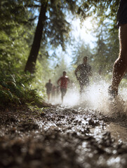 Dynamic action shot of runners splashing through mud on a forest trail. Illustrates fitness, determination, and outdoor adventure. Great for sports, health, and wellness themes.