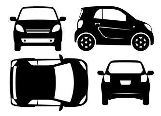 Small car silhouette on white background. Vehicle icons set view from side, front, back, and top