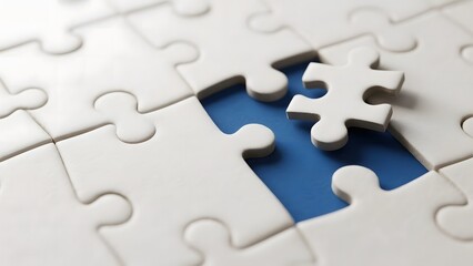Obraz premium White Puzzle Pieces with a Missing Section Revealing Blue Background