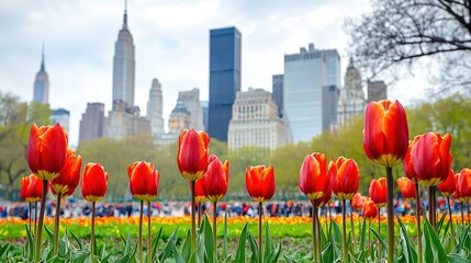 Red Orange Tulips in New York City Park, Spring Blooming Flowers with Blurred Buildings Background, Close-up View
