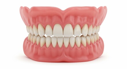 Obraz premium A set of dentures with pink gums and white teeth displayed on a plain white background in a studio shot