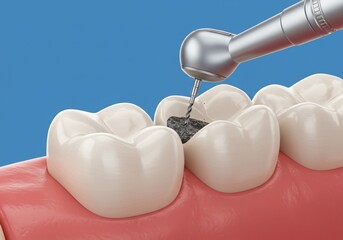 Dental drill removing decay from a tooth with blue background in a close up studio shot view showing gums