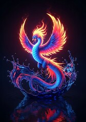 Neon Phoenix soaring above a vibrant blue water crown reflection