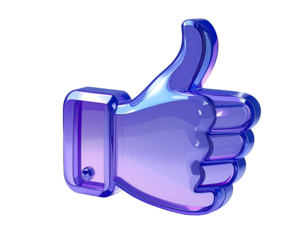 3D rendered, translucent, violet-blue thumb-up icon