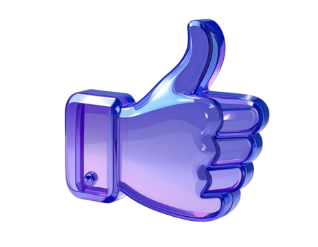 3D rendered, translucent, violet-blue thumb-up icon