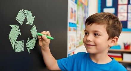 Young student drawing a green recycling symbol on a classroom blackboard.